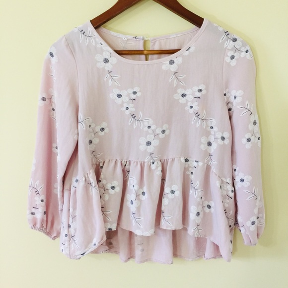 Tops - Pink Blush White Embroidered Floral Peplum Top